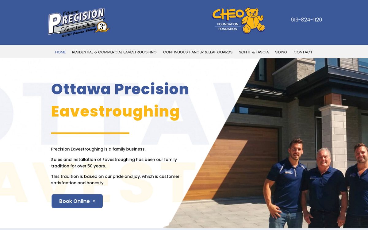 Precision Eavestroughing desktop website designed and built by Algorank