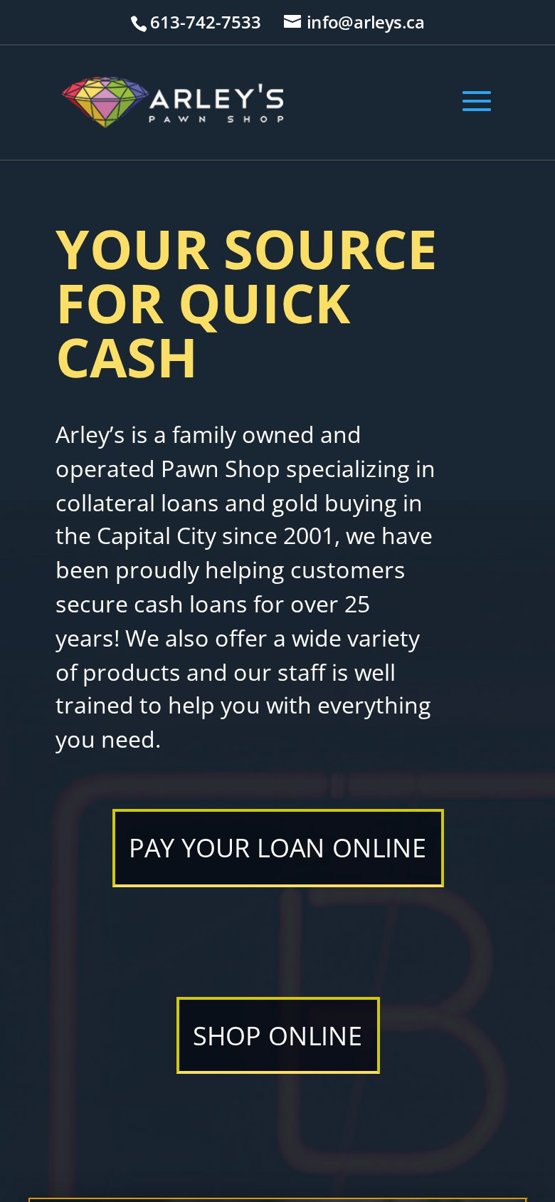 Arley's Pawn Shop mobile website layout by Algorank