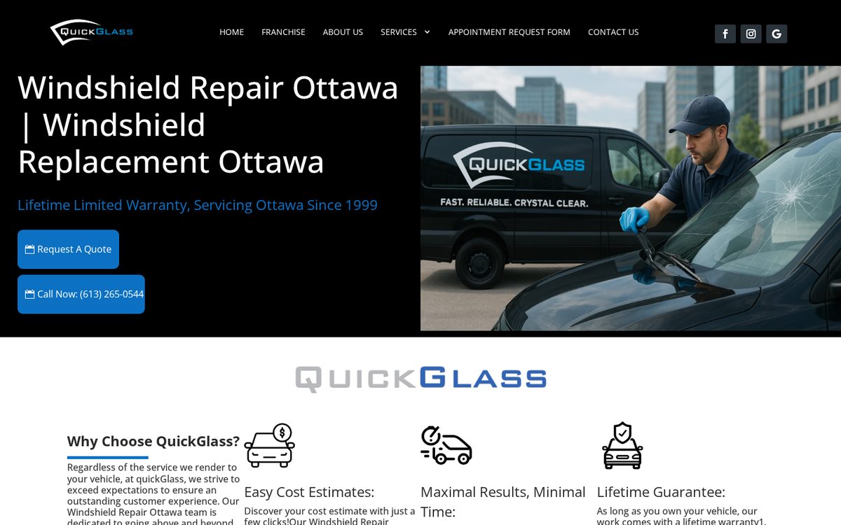 Quick Glass desktop website designed and built by Algorank