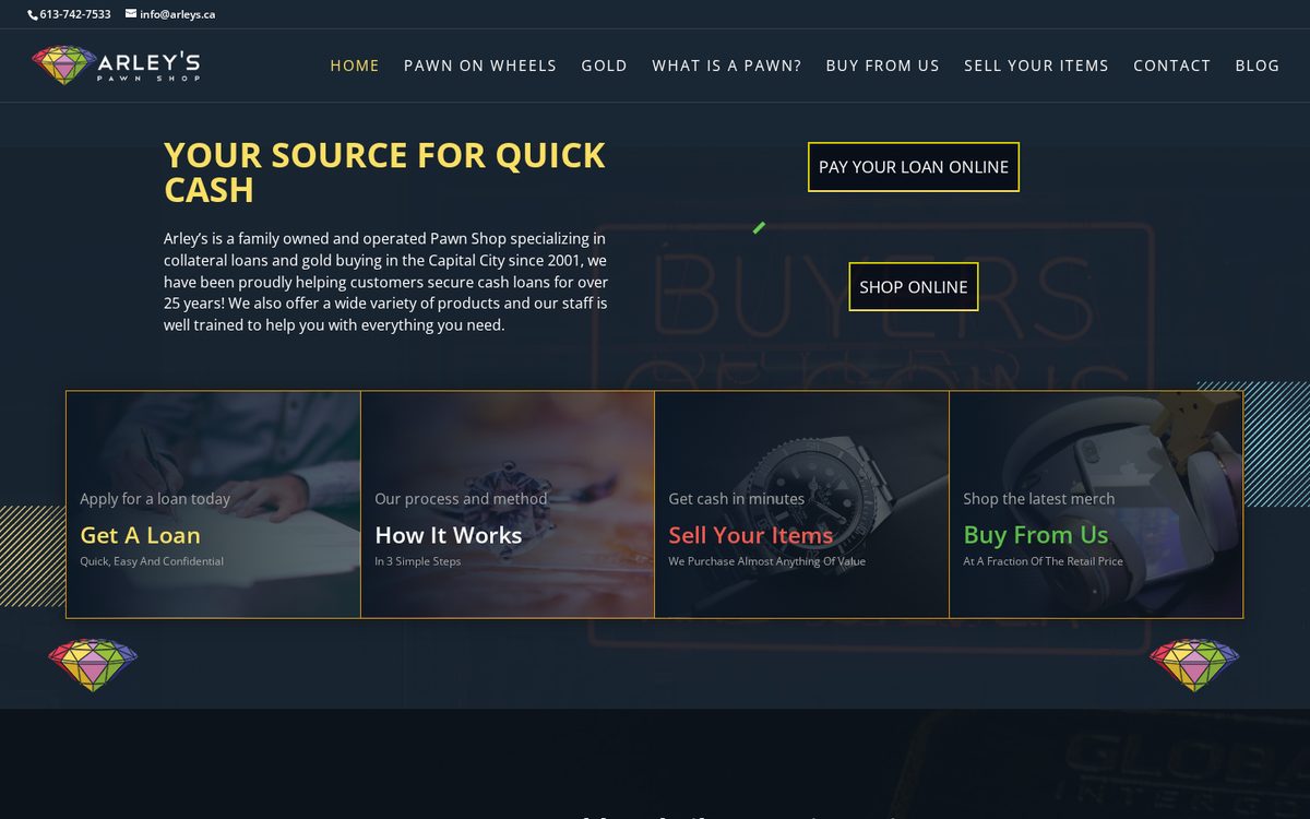 Arley's Pawn Shop desktop website designed and built by Algorank